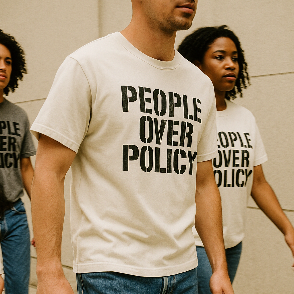 People wearing t-shirts with 'People Over Policy' text walking outdoors.