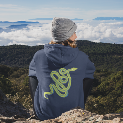 Person wearing a hoodie with a snake design, sitting on a mountain overlooking a cloud-covered valley.